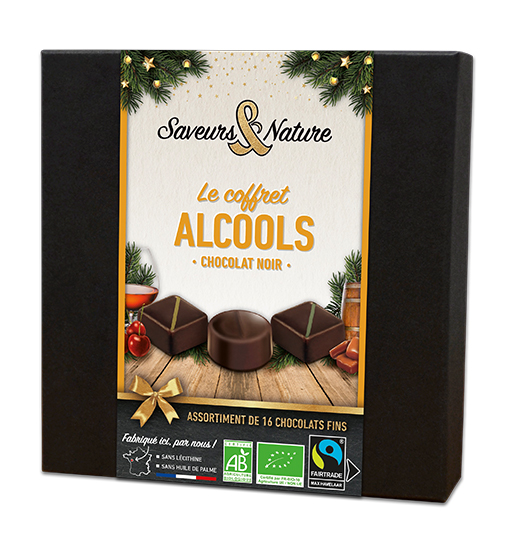 Coffret assortiment de bonbons de chocolat noir aux alcools (16 chocolats)  - 125 g