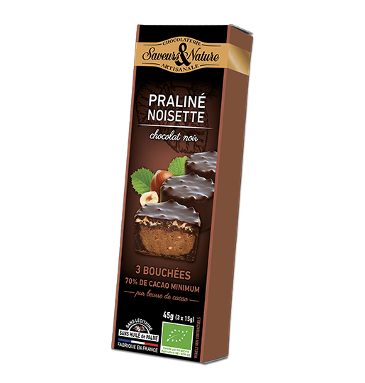 Bouchées praliné noisette enrobées de chocolat noir à 70% de cacao - 45g